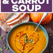 Pumpkin and carrot soup with a text title overlay.