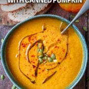 Pumpkin soup with a text overlay title.