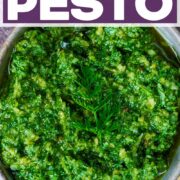 Carrot top pesto with a text tittle overlay.