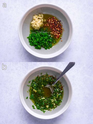 Two shot collage of chopped chillies, garlic, chilli flakes and oil in a bowl, before and after mixing.