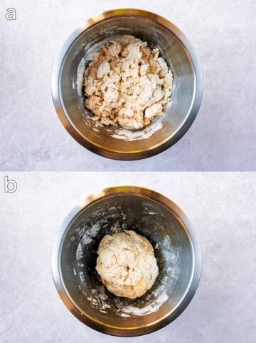Two shot collage of bread dough in a bowl, before and after being mixed together.