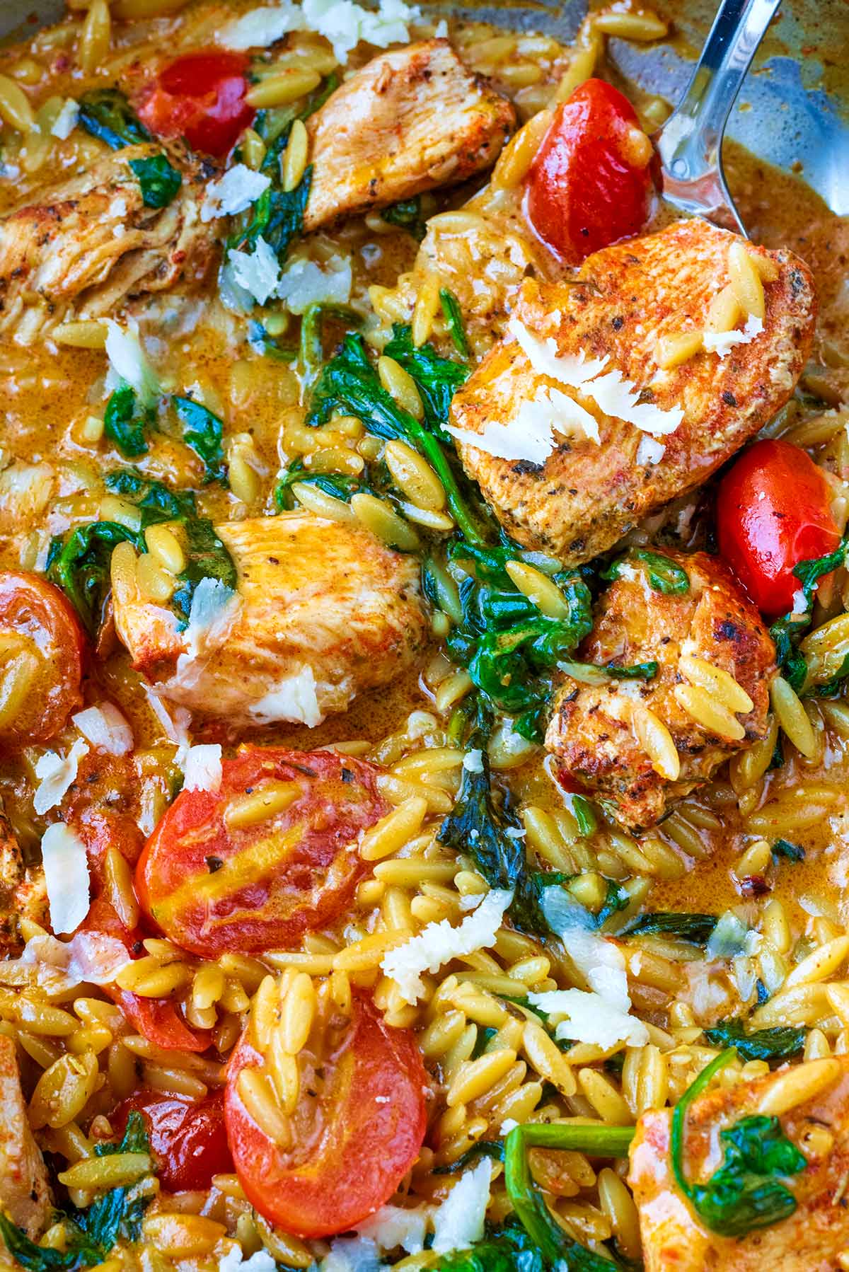 Chunks of chicken and cooked orzo in a creamy sauce.