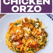 Creamy chicken orzo with a text title overlay.
