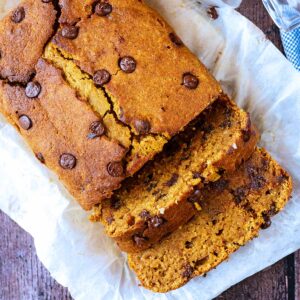 Healthy pumpkin bread on a sheet of baking paper.