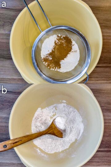 Two shot collage of flour and spices being sieved into a bowl, then mixed together.
