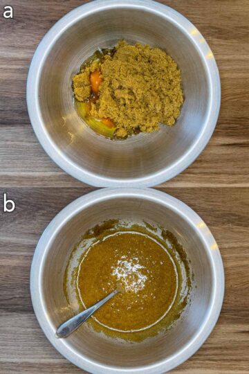 Eggs and brown sugar in a mixing bowl, before and after mixing together.