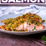 Herb crusted salmon with a text title overlay.