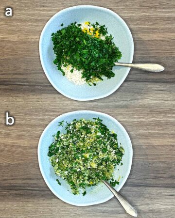Breadcrumbs and herbs in a bowl, shown before and after mixing.