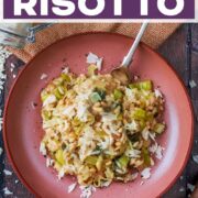 Leek risotto with a text title overlay.
