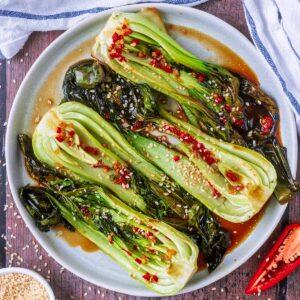 A plate of roasted pak choi.