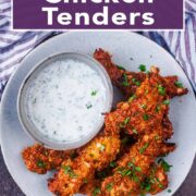 Air fryer chicken tenders with a text title overlay.