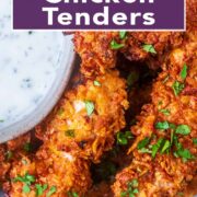 Air fryer chicken tenders with a text title overlay.