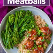 Sticky chicken meatballs with a text title overlay.