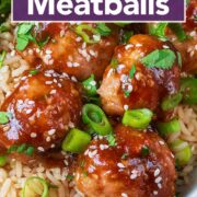 Sticky chicken meatballs with a text title overlay.