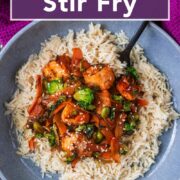 Sticky salmon stir fry with a text title overlay.