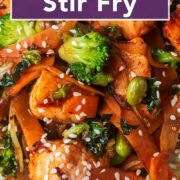 Sticky salmon stir fry with a text title overlay.