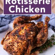 Air fryer rotisserie chicken with a text title overlay.