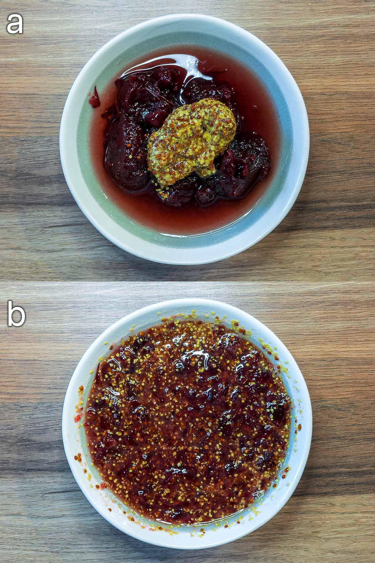 Two shot collage of cranberry sauce, cranberry juice and mustard in a bowl, before and after mixing.