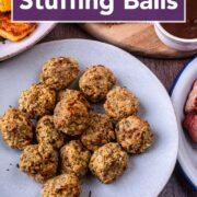 Air fryer stuffing balls with a text title overlay.