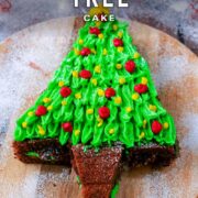 Christmas tree cake with a text title overlay.