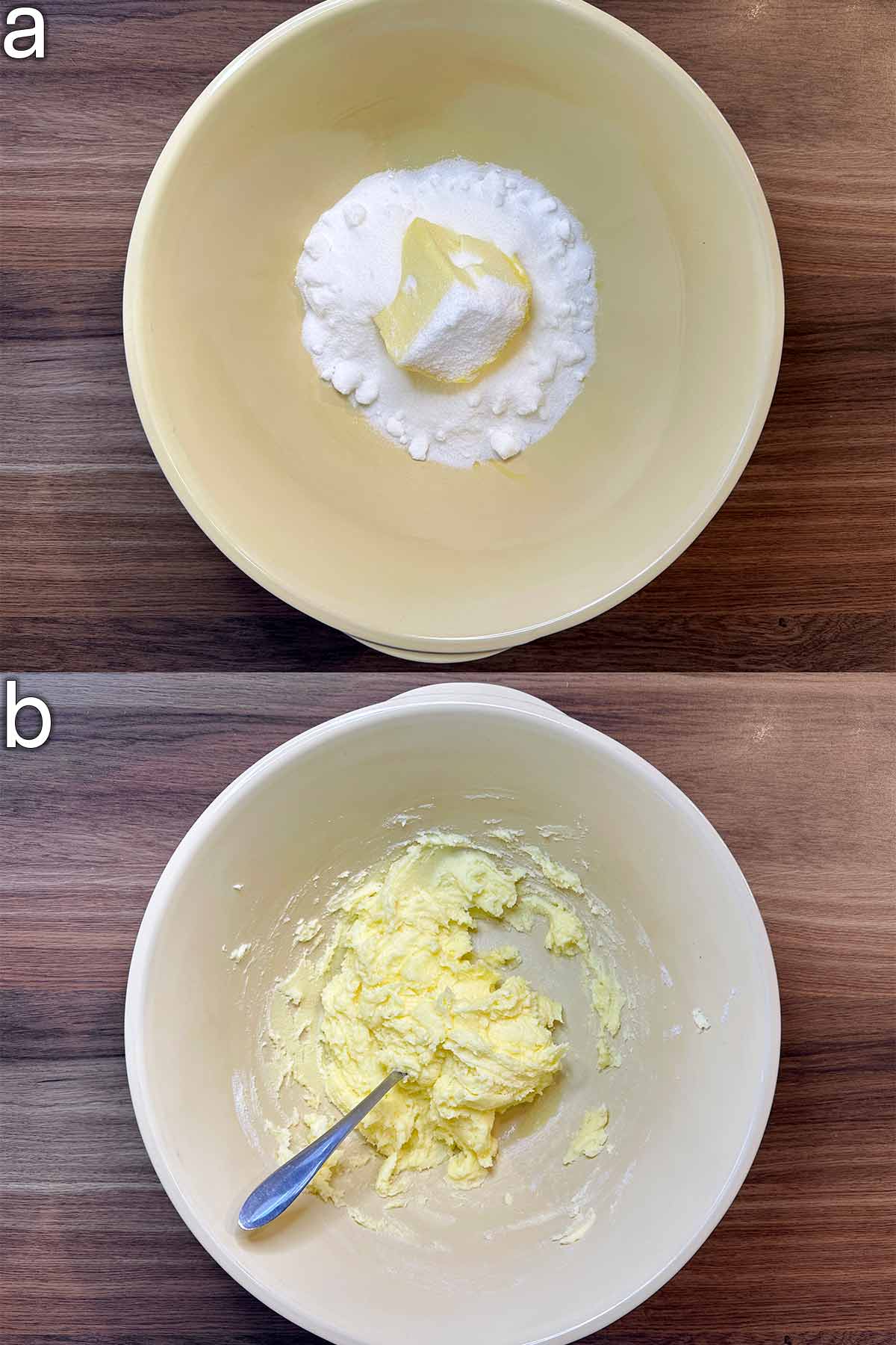 Two shot collage of butter and sugar in a large mixing bowl, before and after mixing.