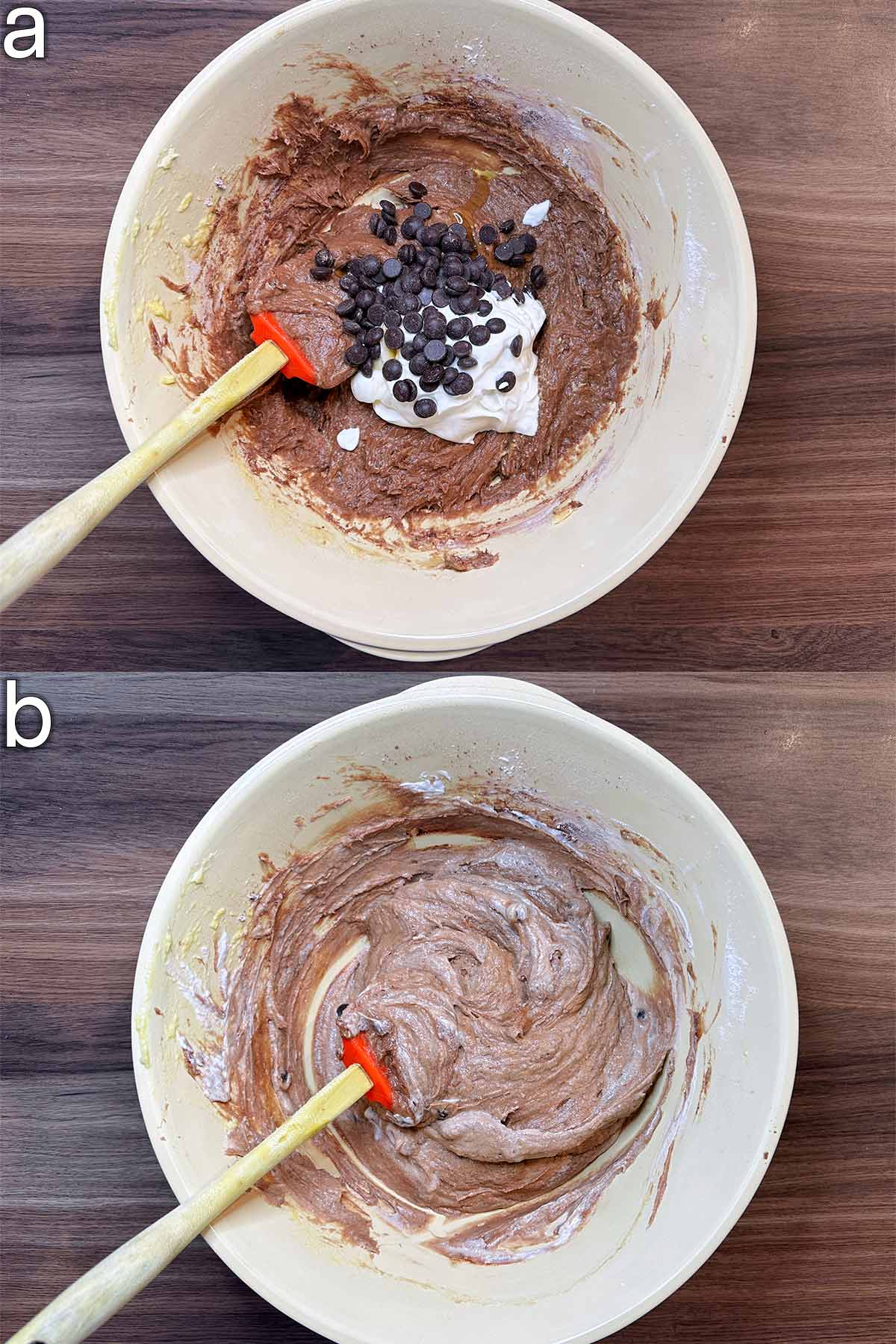 Yogurt, vanilla and chocolate chips added to the bowl.