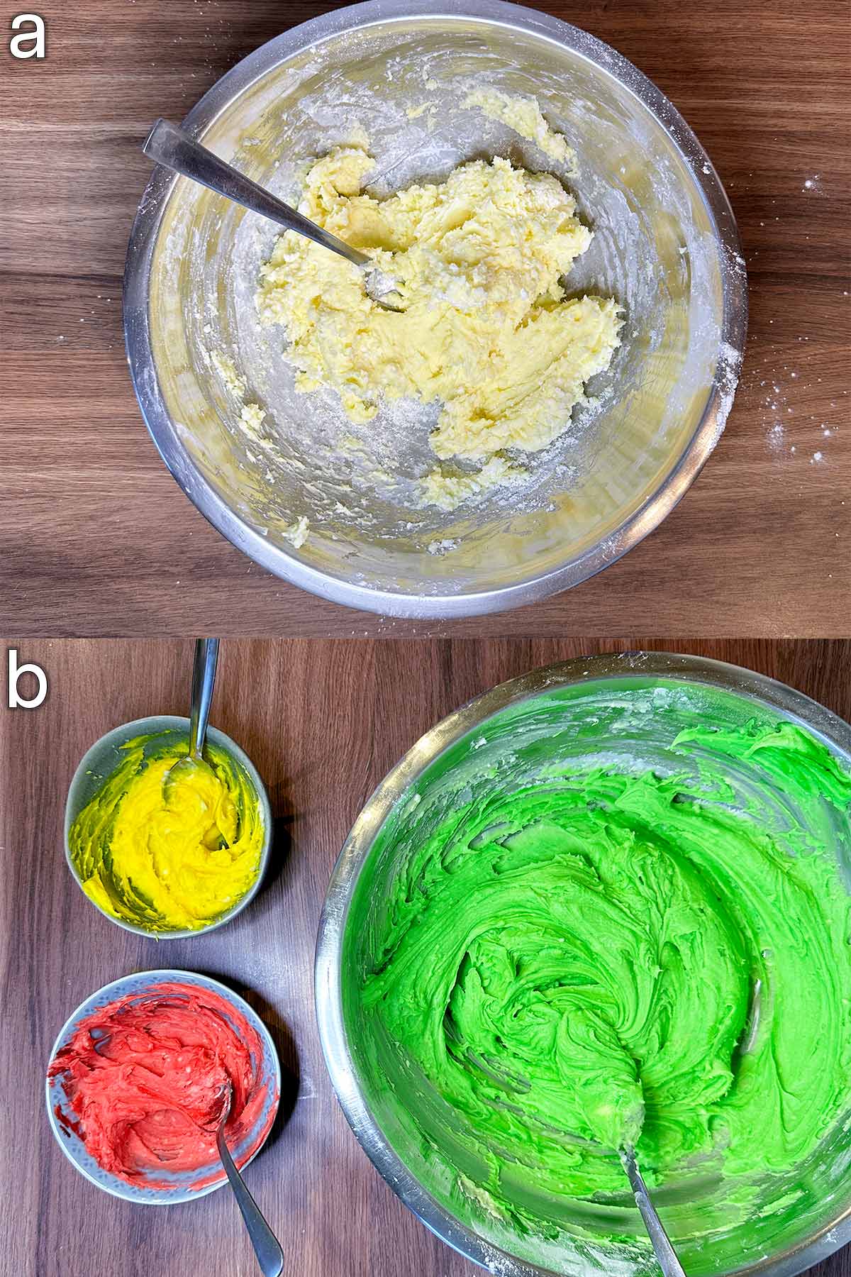 Two shot collage of a bowl of butter cream, then separated into three and coloured green, red and yellow.