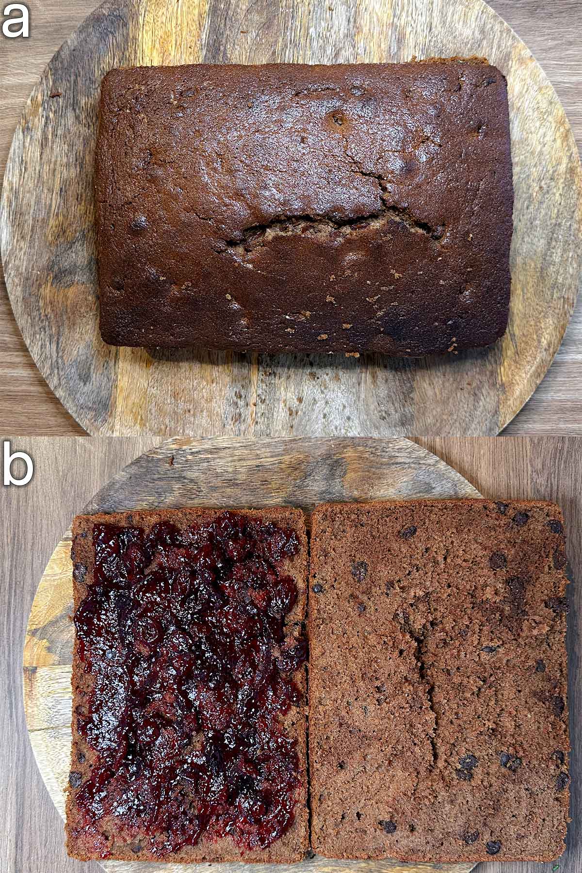 Two shot collage of the cooked cake slices through the middle then one half covered in jam.