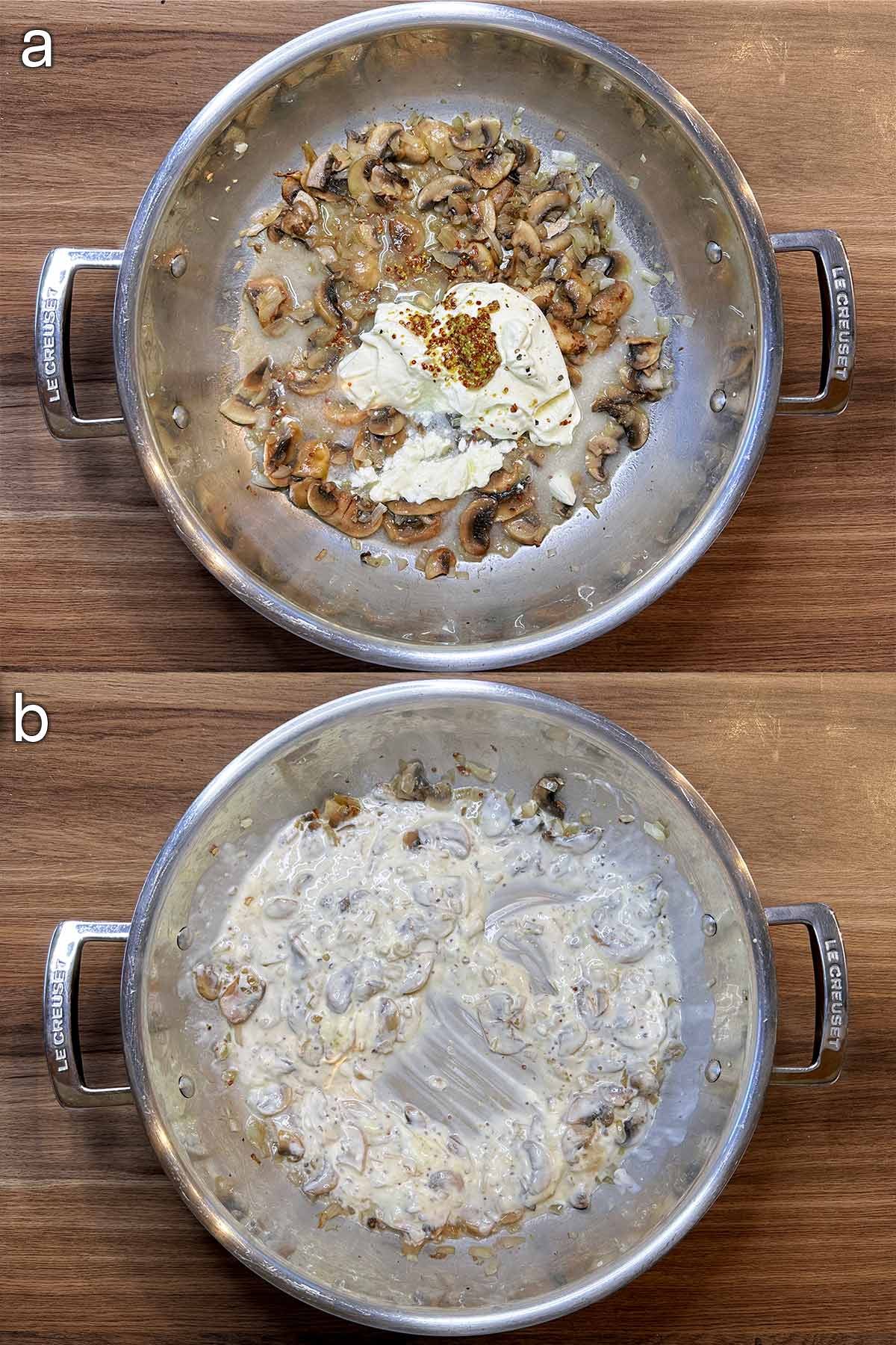 Two shot collage of cream and mustard added to the pan, before and after mixing.
