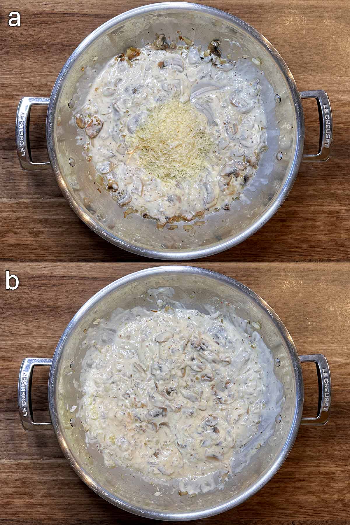 Two shot collage of grated Parmesan added to the pan, before and after mixing.