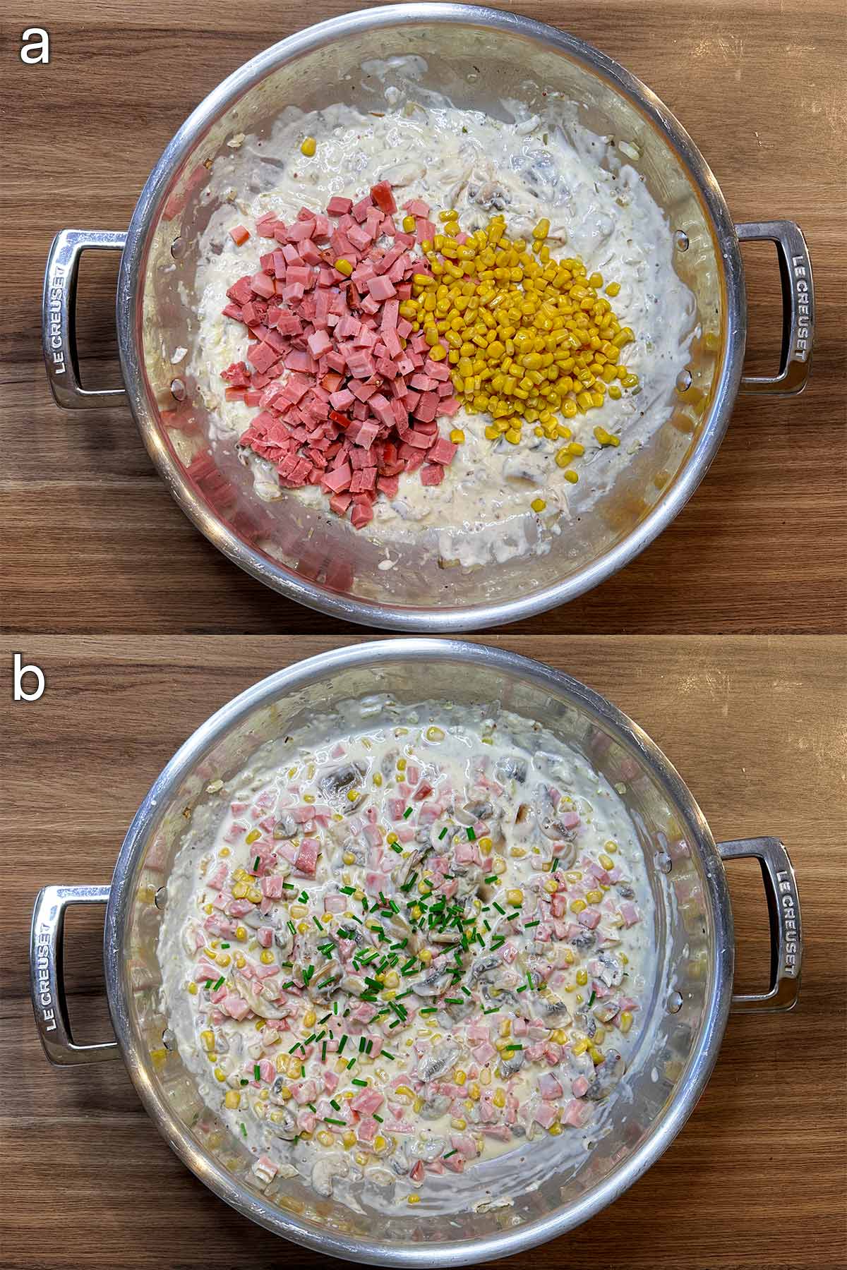 Two shot collage of chopped gammon and sweetcorn added to the pan, before and after mixing.