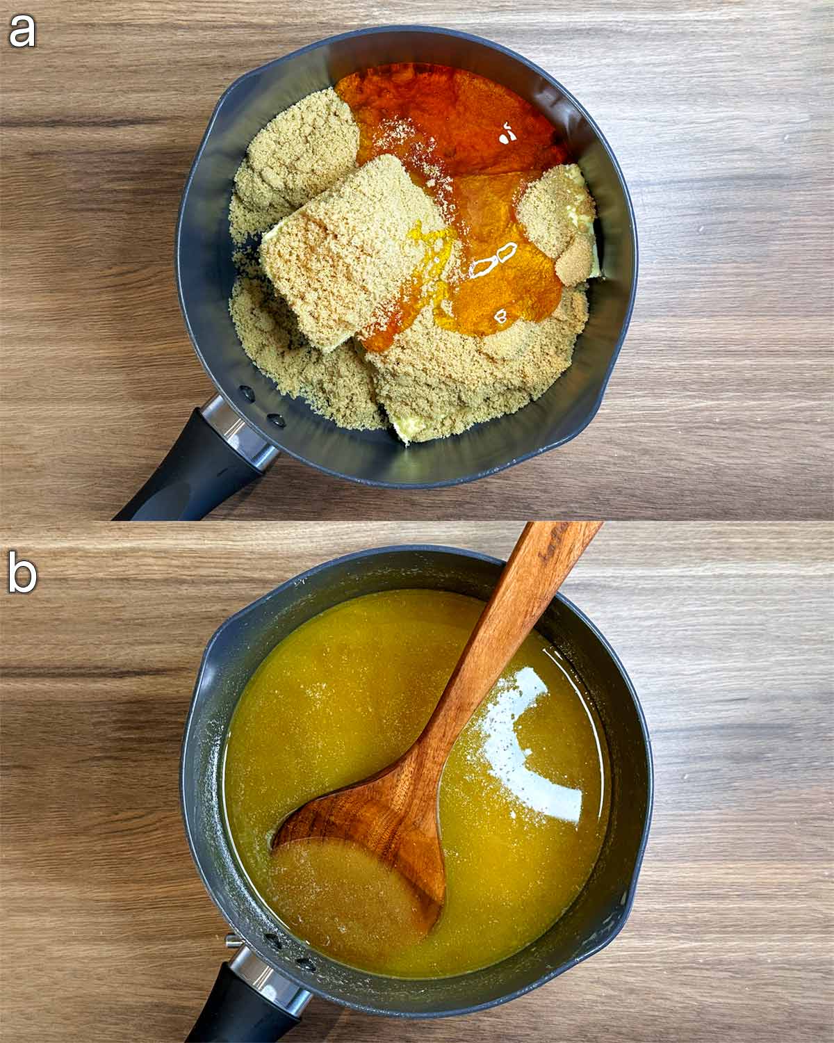 Two shot collage of butter, sugar and golden syrup in a pan, before and after melting together.