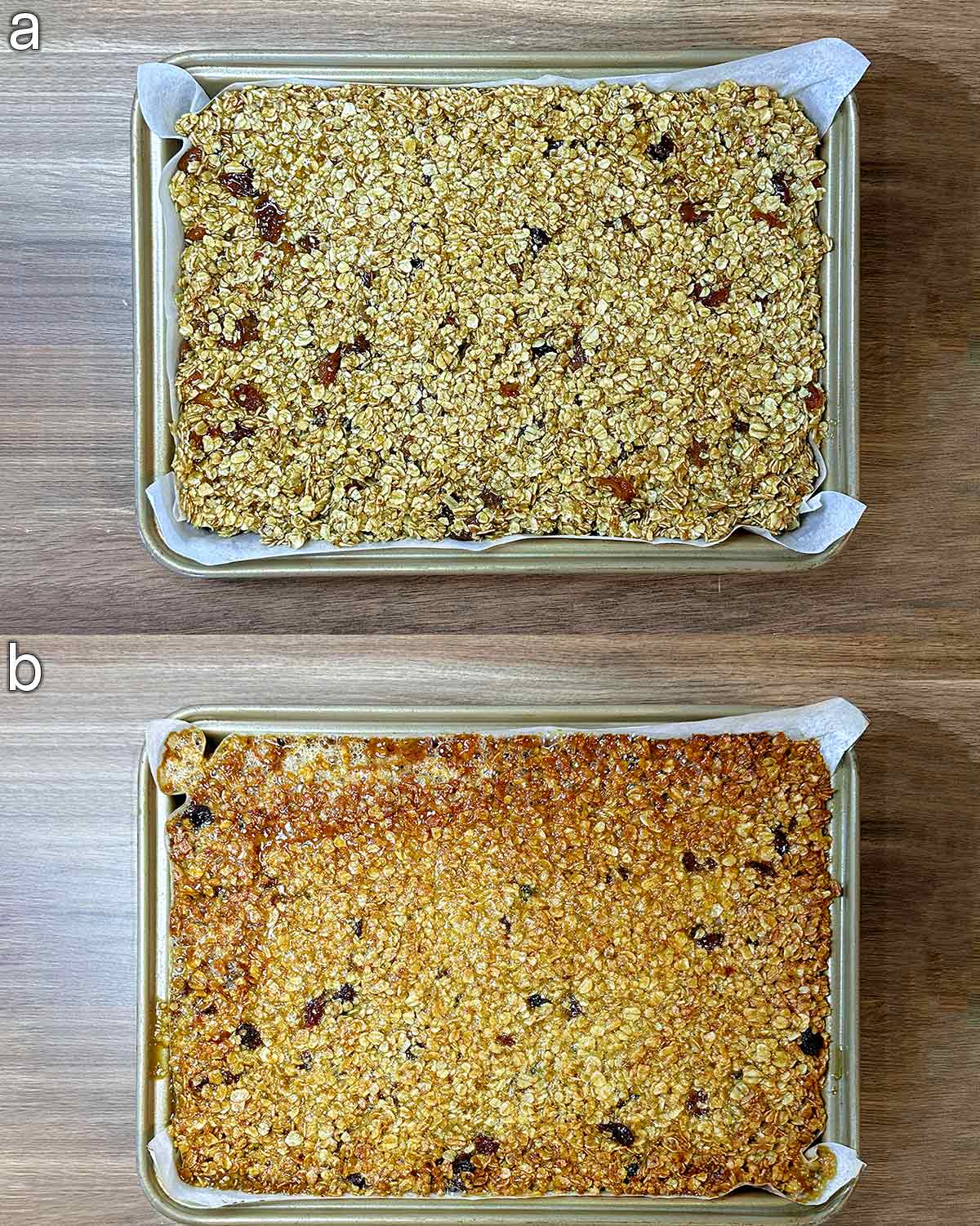 Two shot collage of the flapjack mixture pressed into a baking tin, then showing it fully cooked.