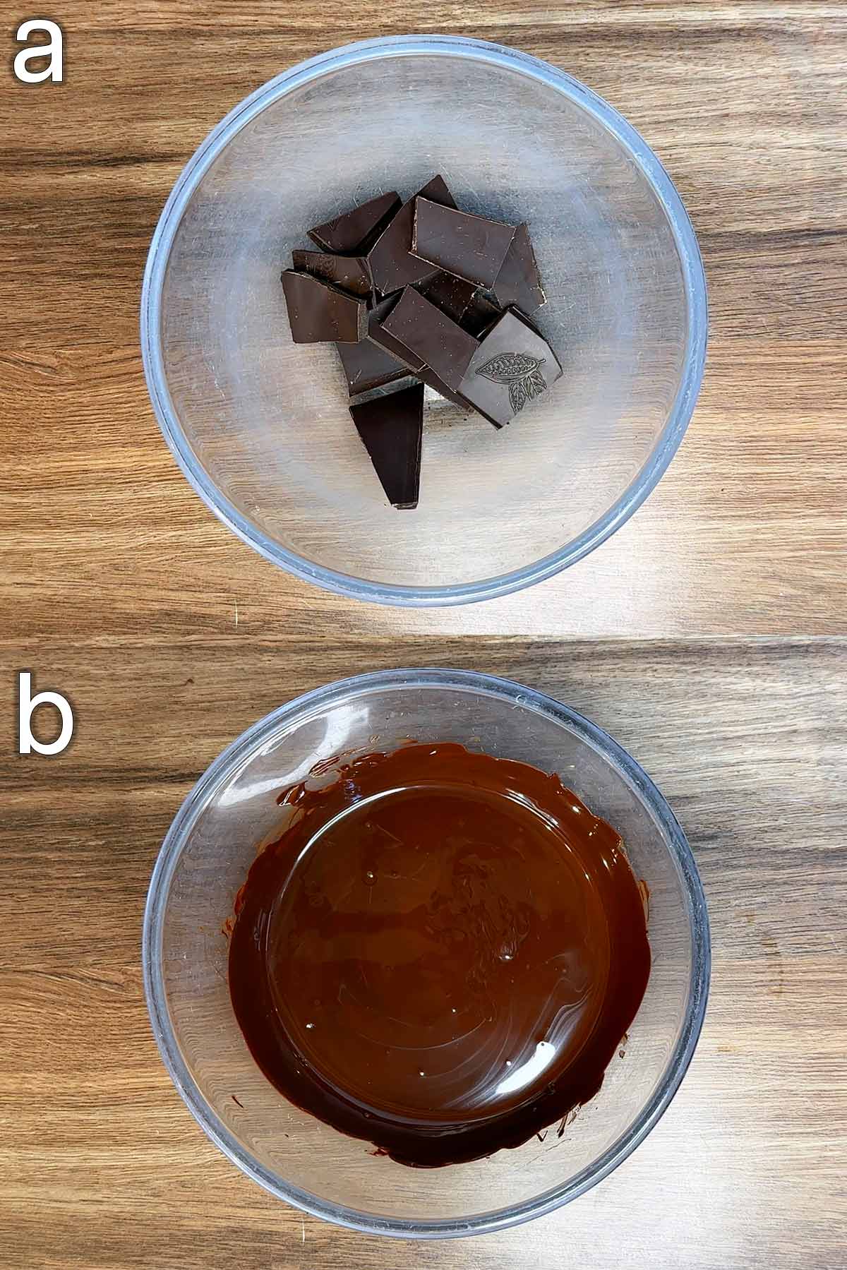 Two shot collage of chocolate in a bowl, befor and after melting.