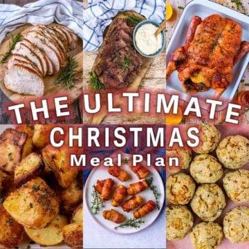 A collage of six Christmas dishes with The Ultimate Christmas Meal Plan as a text overlay.