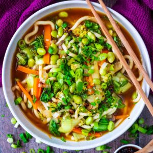 15 minute noodle bowl with a pair of chopsticks.