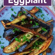Air fryer aubergine with a text title overlay.