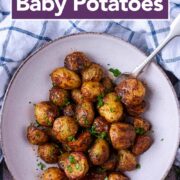 Air fryer baby potatoes with a text title overlay.