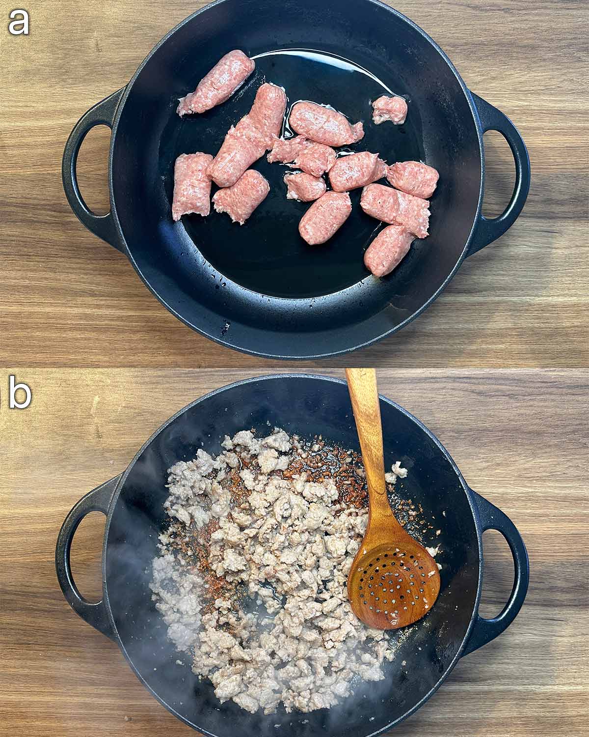Two shot collage of sausage meat in a pan, before and after cooking.