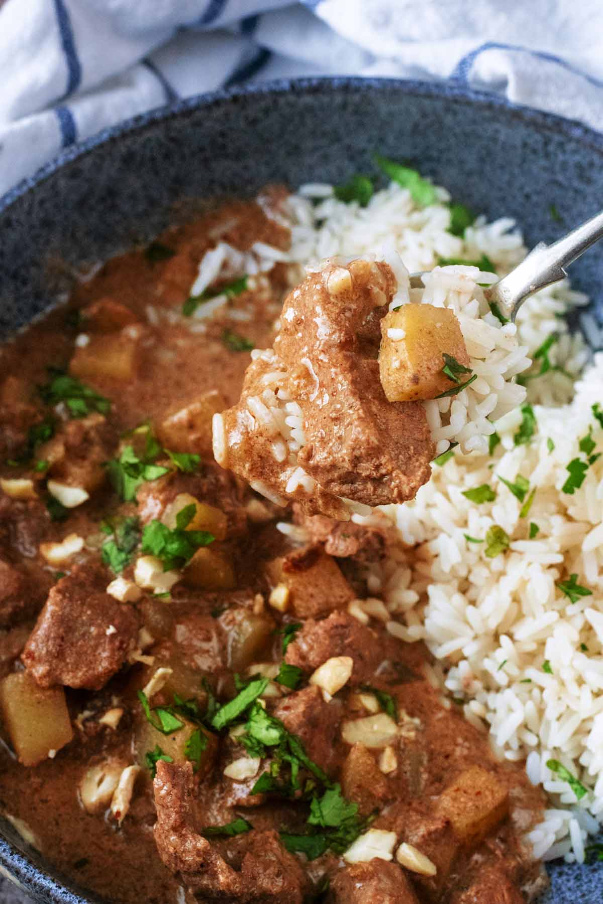 A fork lifting a chunk of beef from a curry.