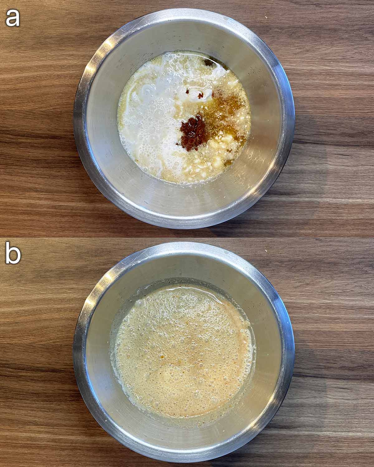 Two shot collage of massaman sauce ingredients in a bowl, before and after mixing.
