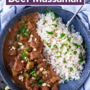 Slow cooker beef massaman with a text title overlay.
