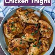 Slow cooker chicken thighs with a text title overlay.