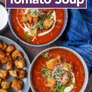 Slow cooker tomato soup with a text title overlay.