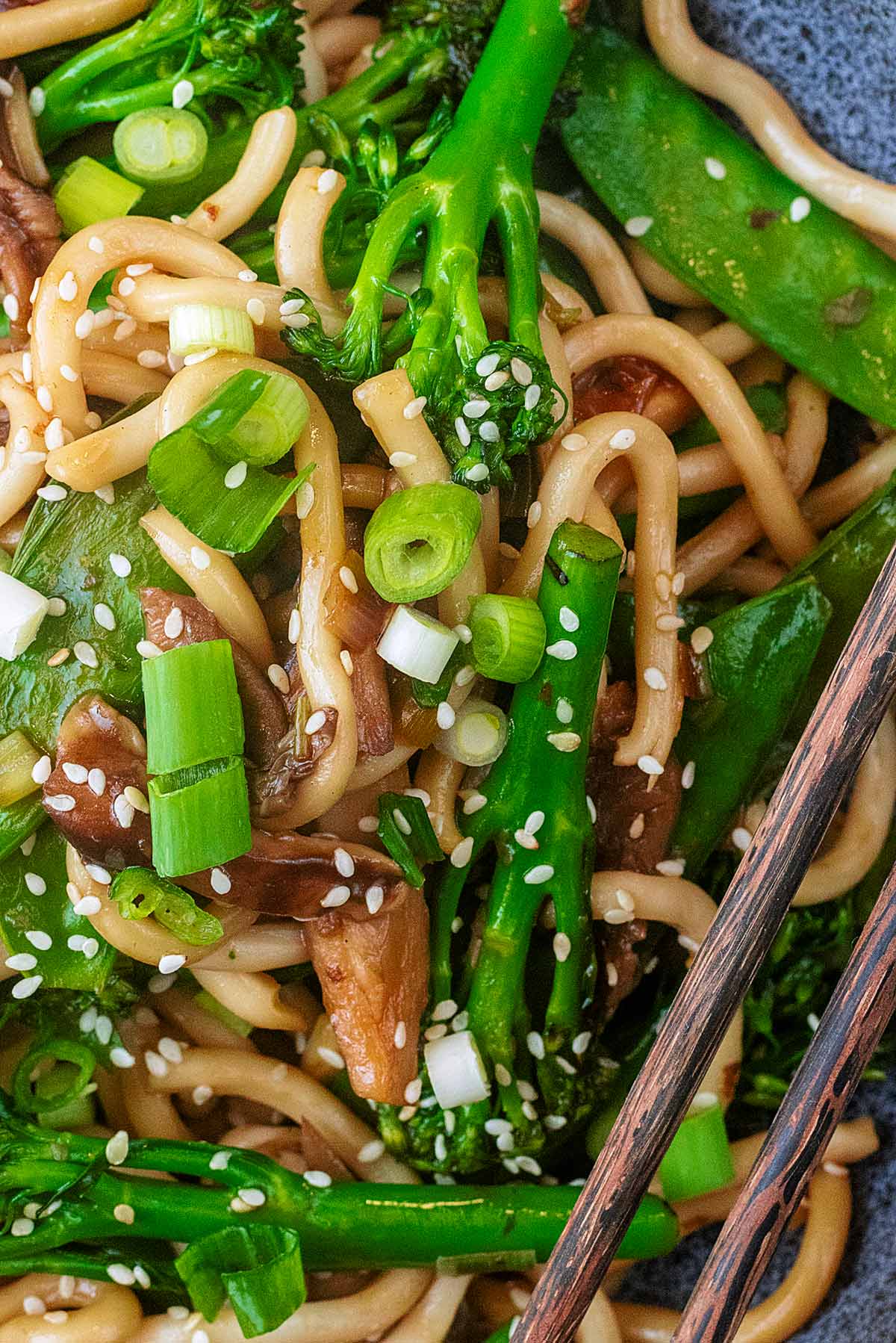 Tenderstem broccoli, spring onions and mangetout mixed into udon noodles.