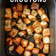 Air fryer croutons with a text title overlay.