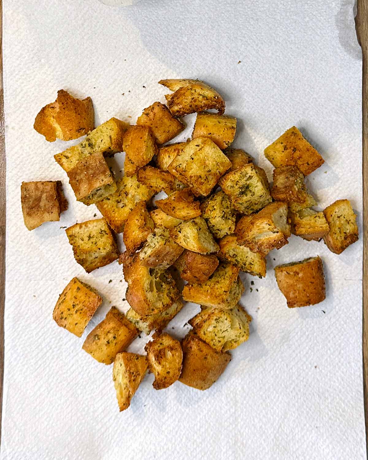 Croutons on a paper towel.
