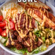 Burger bowl with a text title overlay.