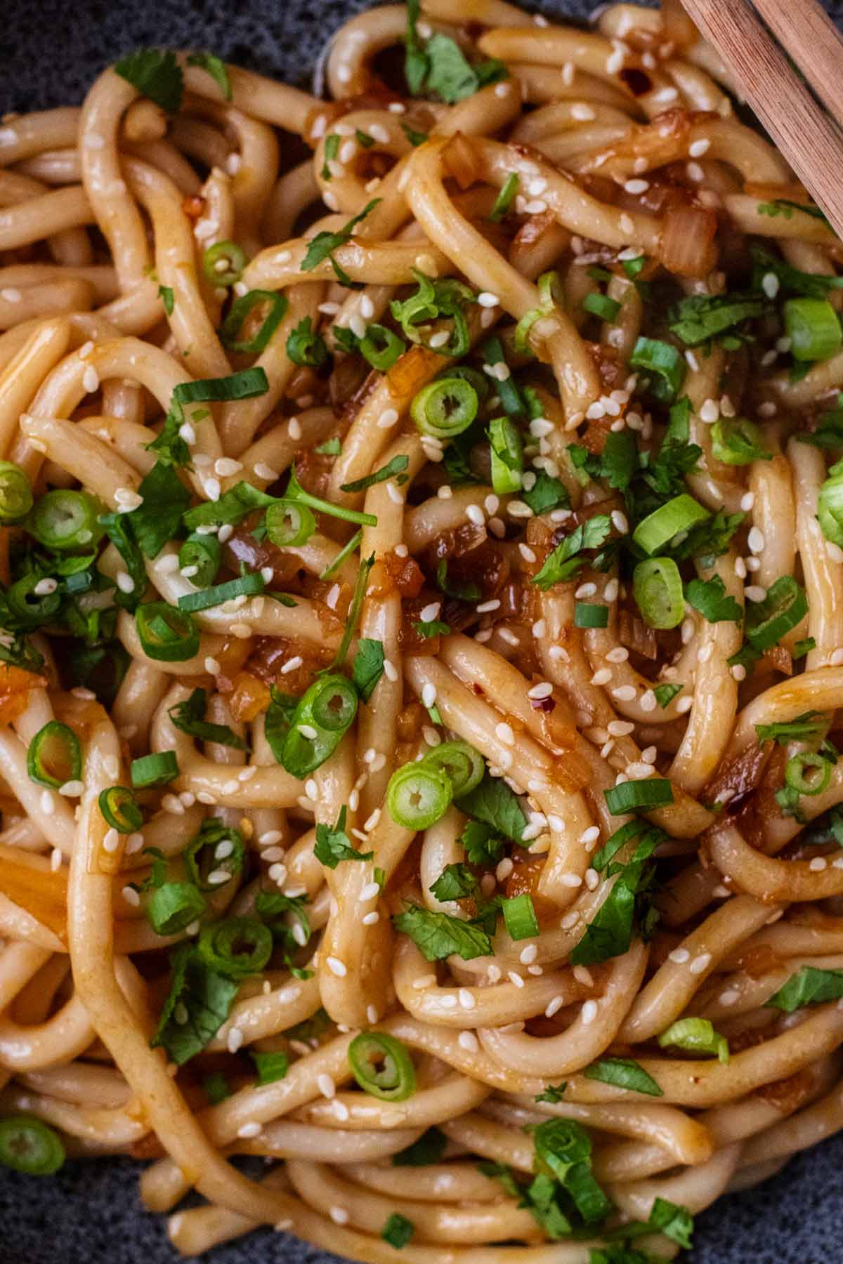 Cooked noodles in a sauce with sesame seeds, sliced spring onions and chopped herbs.