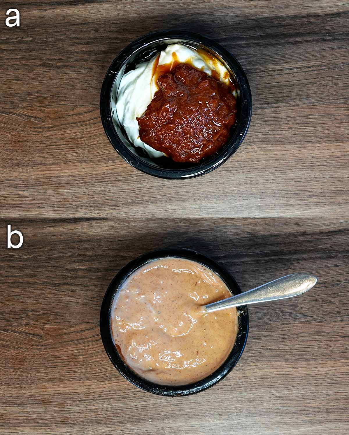 Two shot collage of yogurt and chipotle paste in a bowl, before and after mixing.